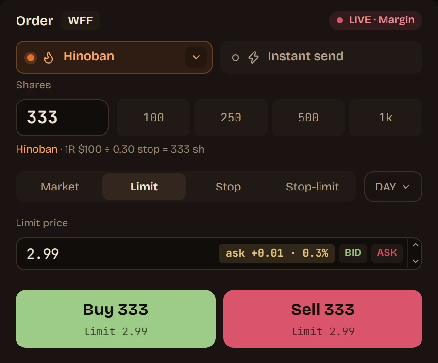 The order ticket with Hinoban on, sized from one risk amount